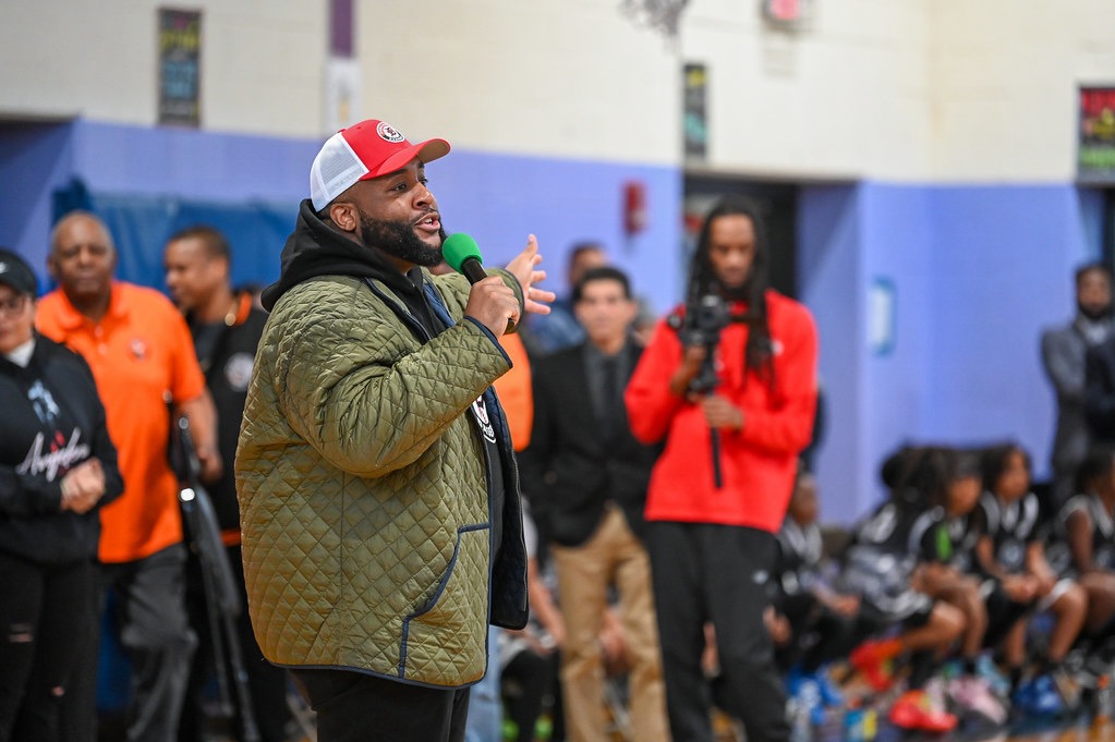Chris Worrell with New England Patriots players and youth